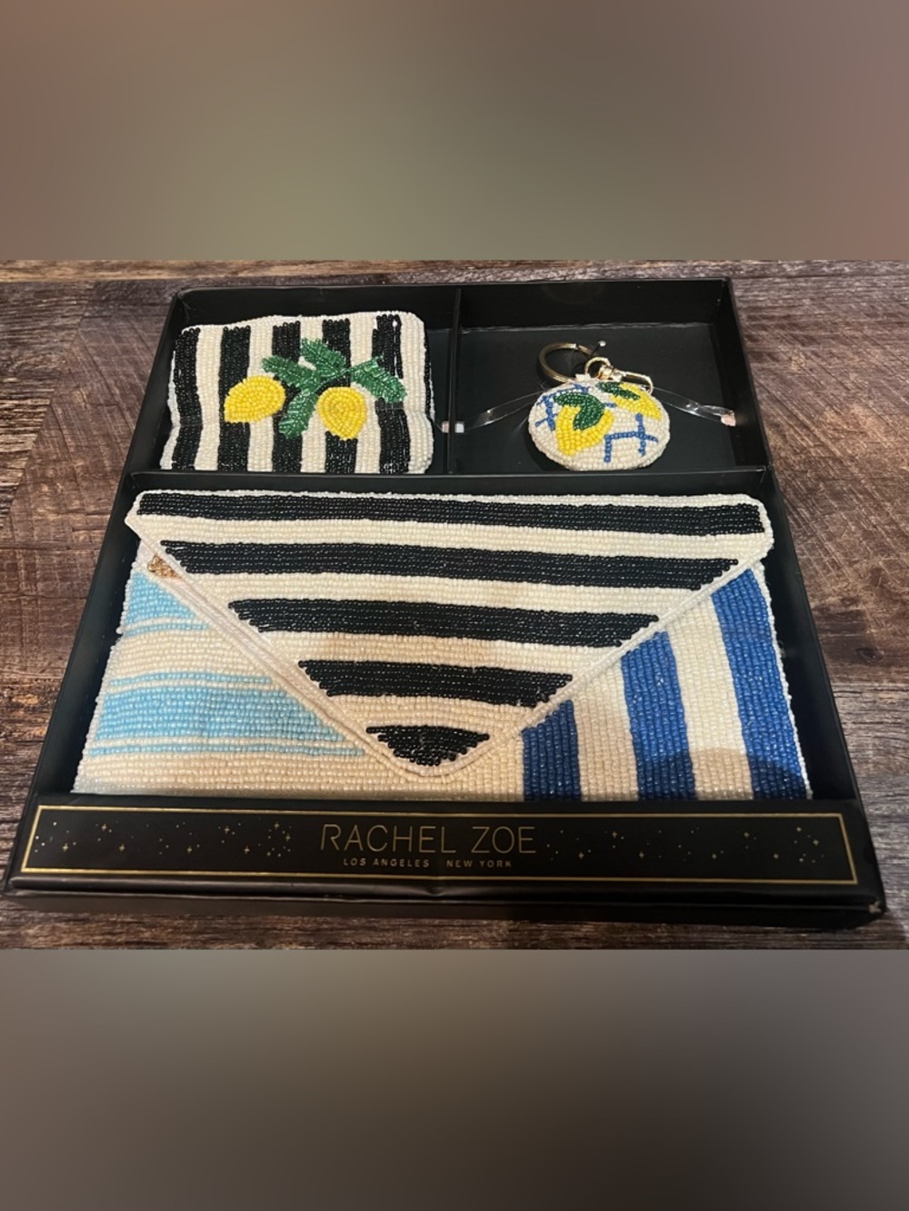 Viral Rachel Zoe Beaded Black White Stripe Clutch with Lemon accessories